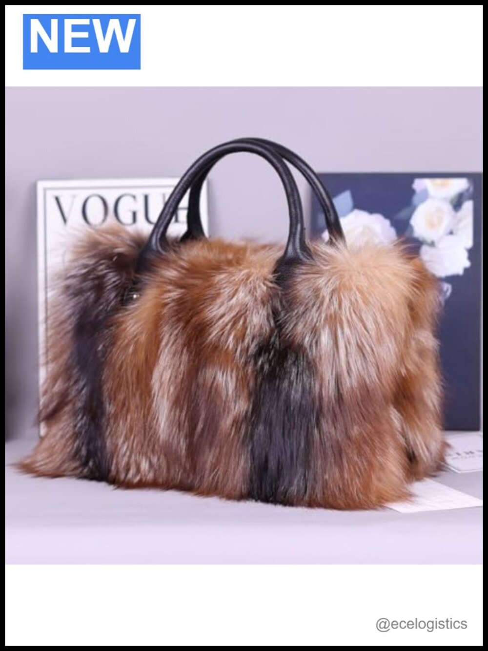 Luxury Real Fox Fur Shoulder Bag with Top Handles and Removable Strap - Picture 3 of 4
